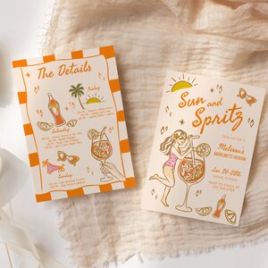 Puede incluir: Dos tarjetas naranja y blancas con un tema de verano. La primera tarjeta dice "The Details" y tiene una lista de actividades. La segunda tarjeta dice "Sun and Spritz" y tiene una ilustraci&oacute;n de dibujos animados de una mujer sosteniendo un vaso de jugo de naranja. El texto en la segunda tarjeta dice "Join us for Melissa's Bachelorette Weekend June 26-28th, 2023".