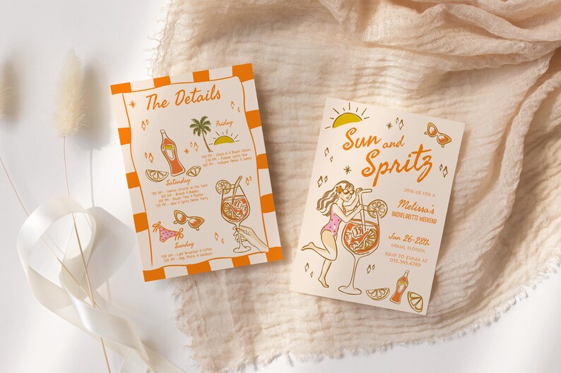 Puede incluir: Dos tarjetas naranja y blancas con un tema de verano. La primera tarjeta dice "The Details" y tiene una lista de actividades. La segunda tarjeta dice "Sun and Spritz" y tiene una ilustraci&oacute;n de dibujos animados de una mujer sosteniendo un vaso de jugo de naranja. El texto en la segunda tarjeta dice "Join us for Melissa's Bachelorette Weekend June 26-28th, 2023".