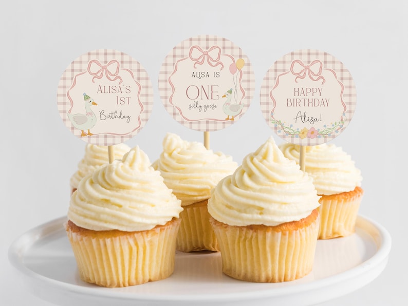 Puede incluir: Cuatro cupcakes con adornos de cupcakes a cuadros rosa y blanco. Los adornos dicen "Alisa's 1st Birthday", "Alisa is One silly goose", y "Happy Birthday Alisa!"