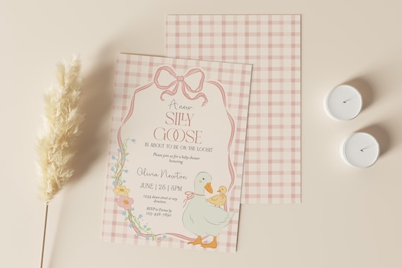 Silly Goose Baby Shower Invitation Girl, Pink Baby Shower Invite Printable Mother Goose Baby Shower Invite Daisy Gingham Baby Girl Shower A9