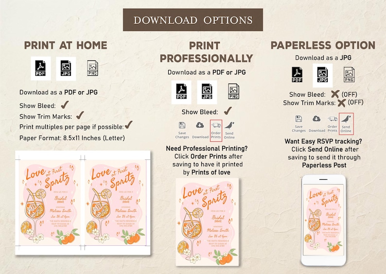 May include: Digital download options for a bridal shower invitation. Includes options to print at home, professionally, or send via Paperless Post. The invitation design features a cocktail illustration with the text "Love at First Spritz".
