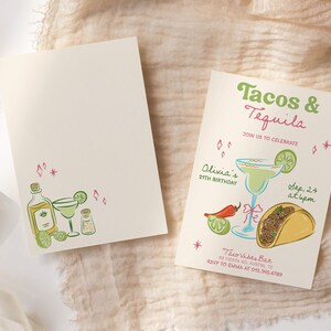 May include: Two cream-colored invitation cards with a taco and tequila theme. One card features illustrations of a margarita, taco, and chili pepper. The other card has a tequila bottle, margarita, and salt shaker illustration. Text reads "Tacos & Tequila."