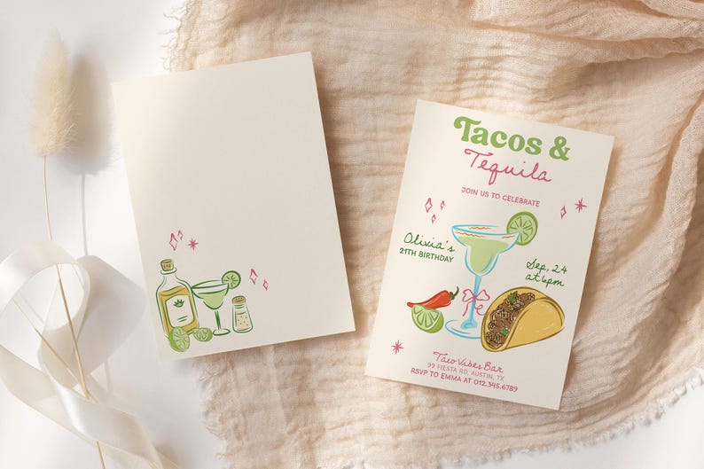 May include: Two cream-colored invitation cards with a taco and tequila theme. One card features illustrations of a margarita, taco, and chili pepper. The other card has a tequila bottle, margarita, and salt shaker illustration. Text reads "Tacos & Tequila."