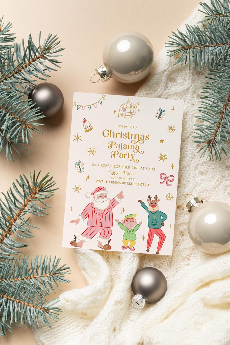 Uitnodiging kerstfeest pyjama, pyjama-uitnodiging, uitnodiging kerstfeest, uitnodiging vakantiefeest, kerstfeest afbeelding 9