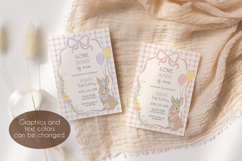 May include: Two pink and purple invitation cards with a gingham pattern. The cards feature a bunny rabbit with a birthday hat and balloons. The text on the cards reads "Some bunny is one." and "Ausa's First Birthday".