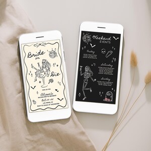 Pode incluir: Dois smartphones brancos exibindo gr&aacute;ficos com tema de Halloween. Um telefone mostra uma noiva esqueleto com o texto "Bride or Die" e detalhes do evento. O outro telefone tem um fundo preto com "Weekend Events" e uma programa&ccedil;&atilde;o. Elementos decorativos incluem morcegos e uma bola de discoteca.