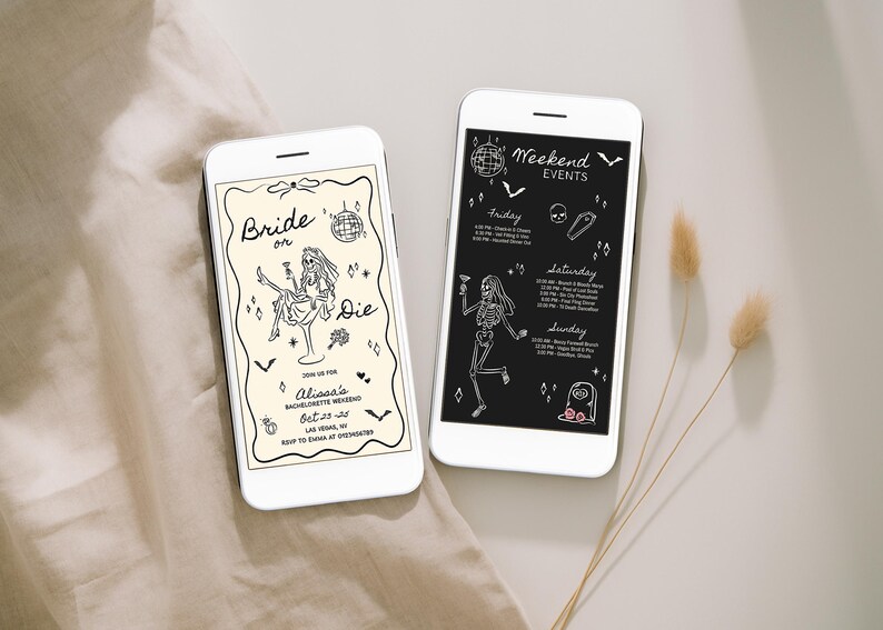 Pode incluir: Dois smartphones brancos exibindo gr&aacute;ficos com tema de Halloween. Um telefone mostra uma noiva esqueleto com o texto "Bride or Die" e detalhes do evento. O outro telefone tem um fundo preto com "Weekend Events" e uma programa&ccedil;&atilde;o. Elementos decorativos incluem morcegos e uma bola de discoteca.