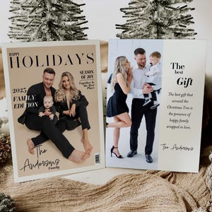 May include: Two holiday-themed photo prints. One features a family posing as a magazine cover with the text "HAPPY HOLIDAYS 2025 FAMILY EDITION". The other print reads "The best Gift" with a family photo and text. Decorative Christmas trees are in the background.