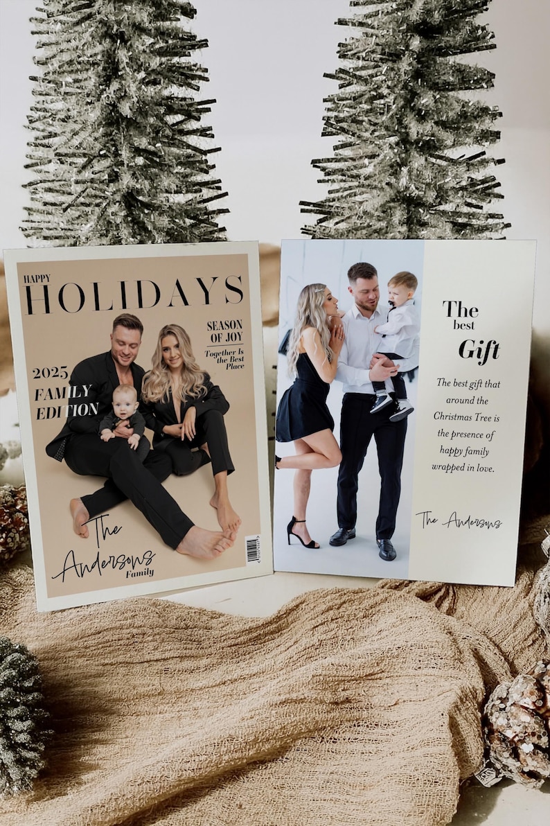 May include: Two holiday-themed photo prints. One features a family posing as a magazine cover with the text "HAPPY HOLIDAYS 2025 FAMILY EDITION". The other print reads "The best Gift" with a family photo and text. Decorative Christmas trees are in the background.