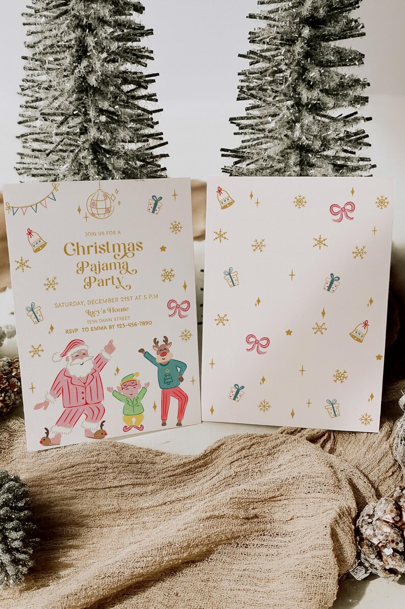 Uitnodiging kerstfeest pyjama, pyjama-uitnodiging, uitnodiging kerstfeest, uitnodiging vakantiefeest, kerstfeest afbeelding 2