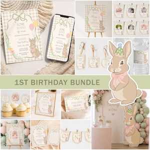 Some Bunny Is One Birthday Bundle, 1st Birthday Decorations Boy Girl, Bunny Party Printable Set, Editable Invite, Milestone Sign B5