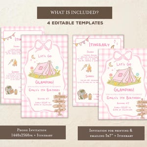 May include: Pink and white gingham patterned invitations with a camping theme. The invitations feature a pink tent, the words "Let's Go Glamping!" and the text "Emily's 7th Birthday". Includes itinerary templates.