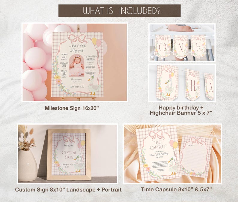 One Silly Goose First Birthday Bundle, Floral Goose Invite First Birthday Bundle, Pink Greenery Girls 1st birthday Boho Goose Theme Decor S2 image 4