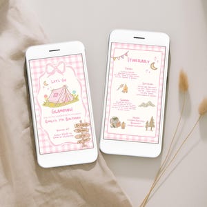 May include: Two white smartphones displaying a pink gingham-patterned invitation and itinerary for a glamping-themed birthday party. The invitation features a pink tent illustration and the text "Let's Go Glamping!" and "Emily's 7th Birthday".