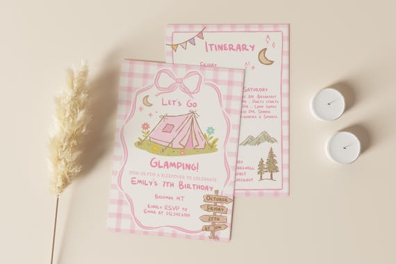 Let's Go Glamping Birthday Invitation, Camping Sleepover Slumber Party Camping Editable Pink Camping Birthday