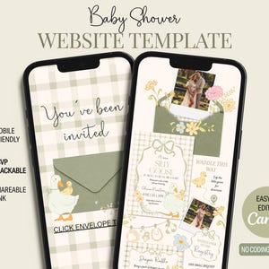 Puede incluir: Una plantilla de sitio web para baby shower en dos teléfonos inteligentes, con un diseño de cuadros en verde salvia y crema, ilustrado con gansos, flores y sobres. El texto incluye "Baby Shower WEBSITE TEMPLATE", "You've been invited" y "A new SILLY GOOSE".