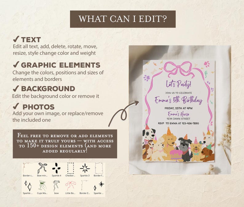 May include: A customizable birthday invitation with a pink bow and the text "Let's Party!" featuring illustrations of dogs wearing party hats. The invitation includes editable text fields for the event details and is designed for Emma's 5th birthday.