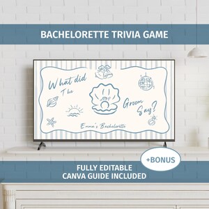 May include: A digital bachelorette trivia game displayed on a screen. The design features a light blue frame with the text "What did The Groom Say?" and decorative elements like a seashell and disco ball. The words "Bachelorette Trivia Game" are at the top.