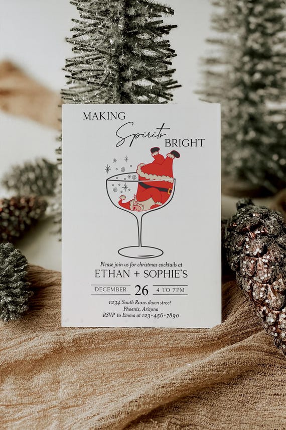 Christmas Cocktail Party Invitation Template, Printable Holiday Party Card, Making Spirits Bright, Editable Christmas Dinner Invite