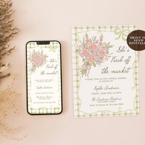 Fresh off the Market Bridal Shower Invitation Template, Editable Hand Drawn Farmer's Market Wedding Shower Invite, She's Off The Market B3 image 3