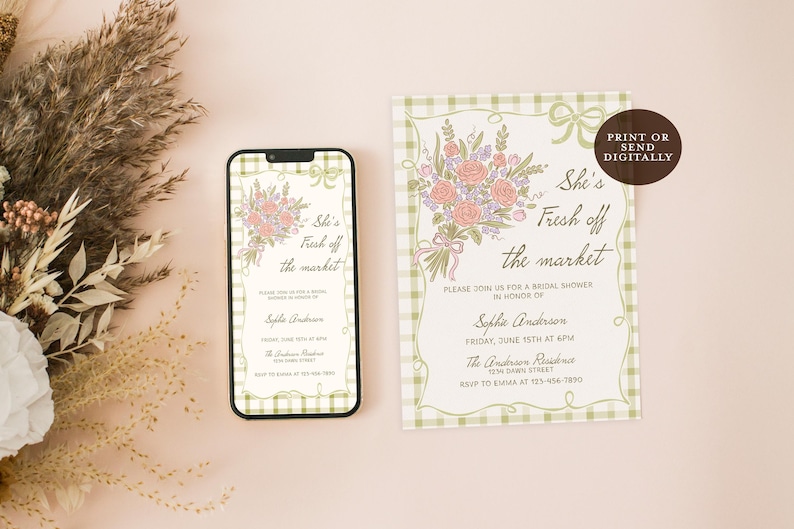 Fresh off the Market Bridal Shower Invitation Template, Editable Hand Drawn Farmer's Market Wedding Shower Invite, She's Off The Market B3 image 3