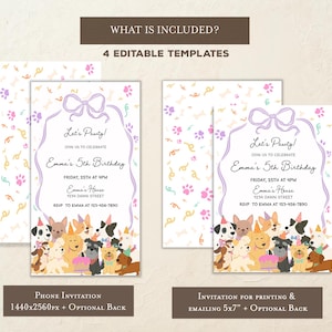 May include: A set of four editable birthday party invitation templates. The invitations feature a cartoon illustration of various dog breeds, paw prints, and the text "Let's Pawty!" and "Emma's 5th Birthday". Includes phone and print options.