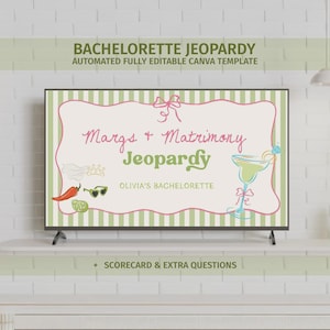 Op de afbeelding: Een tv-scherm toont een "Bachelorette Jeopardy" sjabloon. Het ontwerp maakt gebruik van roze en groen met illustraties van een margarita, chilipeper en zonnebril. Tekst bevat "Margs + Matrimony Jeopardy" en "Olivia's Bachelorette".