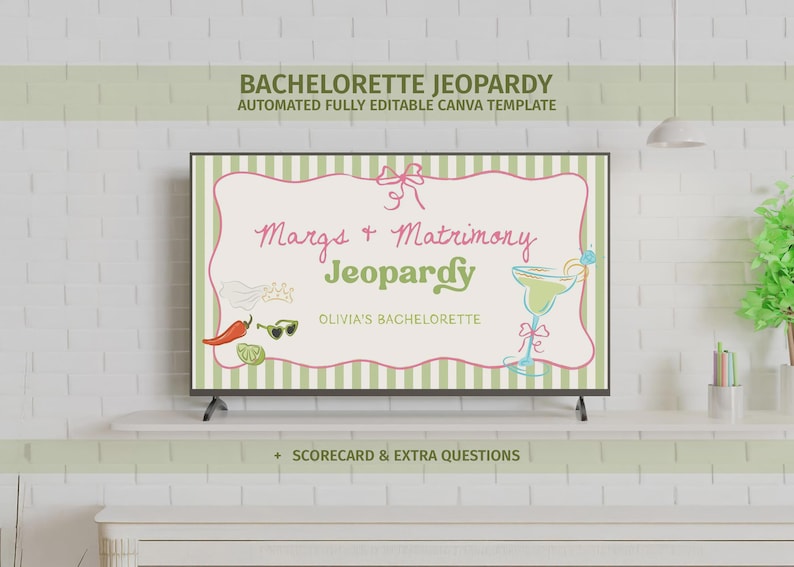 Op de afbeelding: Een tv-scherm toont een "Bachelorette Jeopardy" sjabloon. Het ontwerp maakt gebruik van roze en groen met illustraties van een margarita, chilipeper en zonnebril. Tekst bevat "Margs + Matrimony Jeopardy" en "Olivia's Bachelorette".