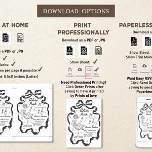 May include: A printable invitation design for a party with the text "Adi&oacute;s Prick" and a cartoon illustration of a person in a martini glass. The design includes options for printing at home, professionally, or as a paperless option.