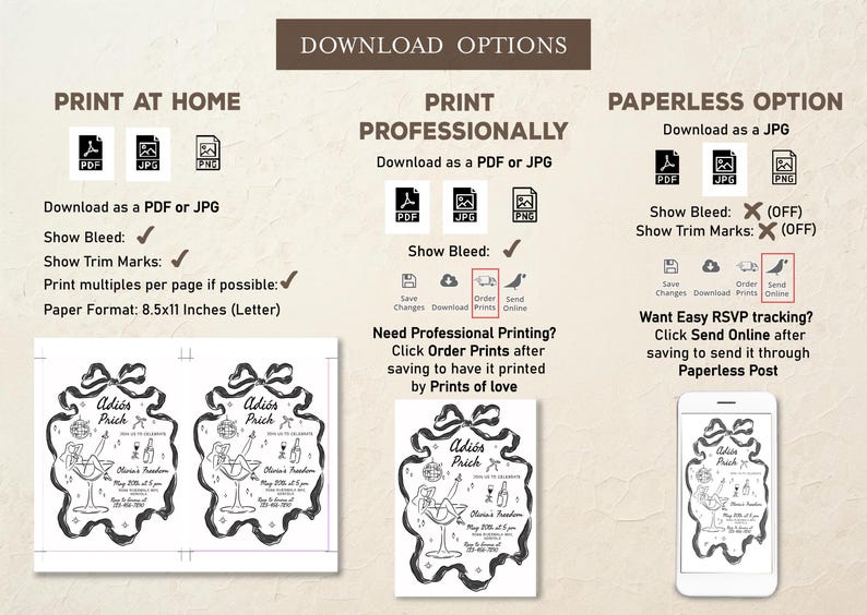 May include: A printable invitation design for a party with the text "Adi&oacute;s Prick" and a cartoon illustration of a person in a martini glass. The design includes options for printing at home, professionally, or as a paperless option.