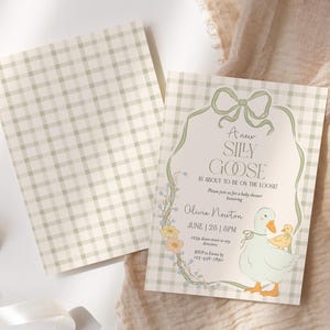Pu&ograve; includere: Un invito a una festa di benvenuto per un bambino con uno sfondo a quadri vichy verde e bianco. L'invito presenta un'oca e un'oca di cartone animato con il testo "A new Silly Goose is about to be on the loose!" e "Olivia Newton, June 25, 6PM".