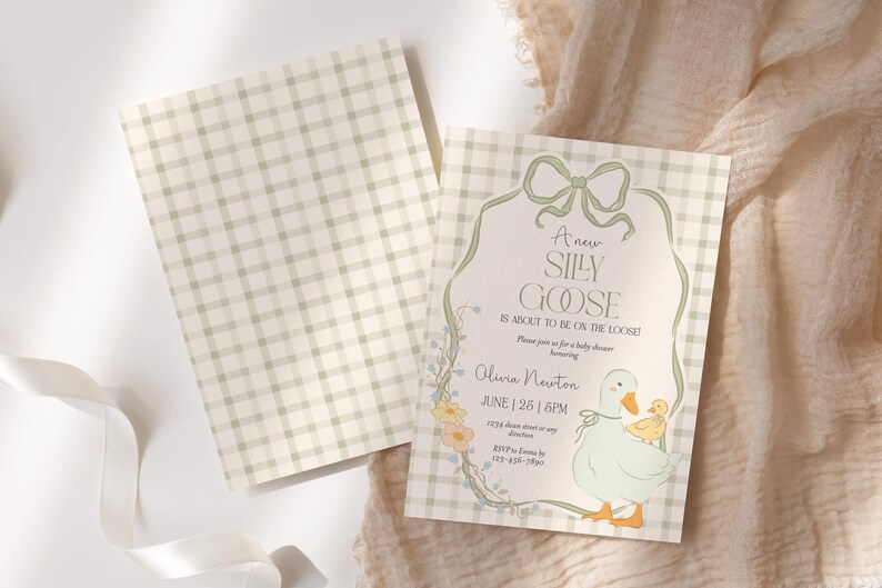 Pu&ograve; includere: Un invito a una festa di benvenuto per un bambino con uno sfondo a quadri vichy verde e bianco. L'invito presenta un'oca e un'oca di cartone animato con il testo "A new Silly Goose is about to be on the loose!" e "Olivia Newton, June 25, 6PM".