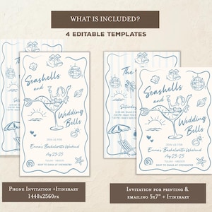 May include: Light blue and cream-colored invitation templates with the text "Seashells and Wedding Bells". The design includes illustrations of a mermaid in a cocktail glass, seashells, and a beach scene. The invitation is for a bachelorette weekend.