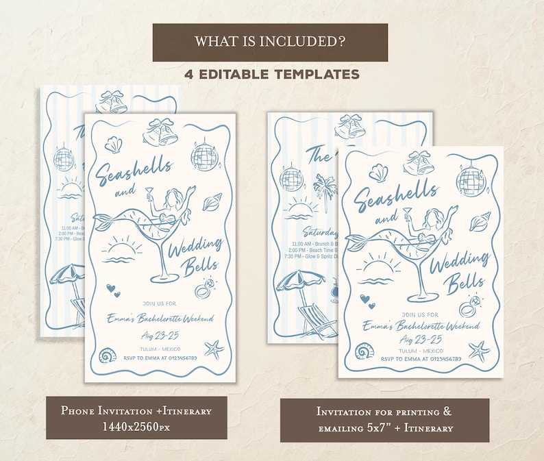 May include: Light blue and cream-colored invitation templates with the text "Seashells and Wedding Bells". The design includes illustrations of a mermaid in a cocktail glass, seashells, and a beach scene. The invitation is for a bachelorette weekend.