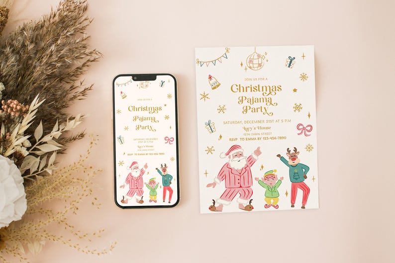 Uitnodiging kerstfeest pyjama, pyjama-uitnodiging, uitnodiging kerstfeest, uitnodiging vakantiefeest, kerstfeest afbeelding 3