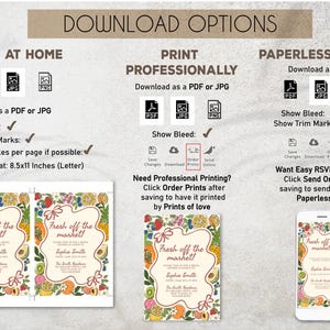 May include: Printable invitation for a "Fresh off the Market!" event. The invitation features a colorful illustration of fruits and vegetables with a white background. The text "Fresh off the market!" is in a red and white font. The invitation is available in PDF and JPG formats.