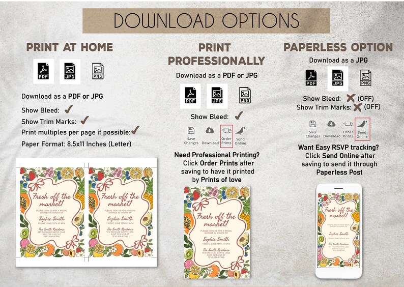 May include: Printable invitation for a "Fresh off the Market!" event. The invitation features a colorful illustration of fruits and vegetables with a white background. The text "Fresh off the market!" is in a red and white font. The invitation is available in PDF and JPG formats.
