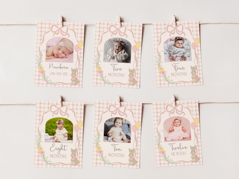 May include: Pink and white baby milestone photo cards with a bunny rabbit design. Each card features a different age from newborn to twelve months. The cards are strung together with twine and have a pink and white gingham pattern.