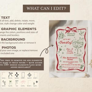 May include: A holiday invitation with a red border and festive illustrations. The text reads "Let's get Toasty!" and includes event details. The design elements include a disco ball, champagne glasses, and a bow.