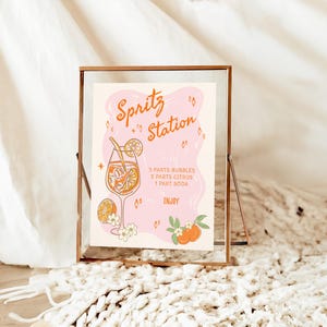 May include: A framed print with the text "Spritz Station" in orange script. The illustration features a cocktail glass with orange slices and a recipe. The background is a soft pink shape with orange accents and floral details.