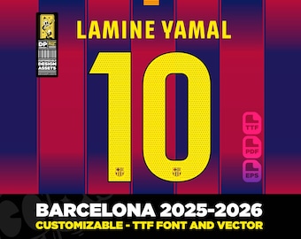Police du maillot du FC Barcelone 25-26 vector 2025 ttf, pdf, svg, Lewandowski, Lamine Yamal, Camp Nou, police de caractères numérique