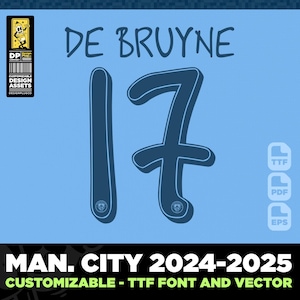 Manchester City, jersey font 24-25 vector 2024 ttf, pdf, svg, Premier League, Haaland, Foden, De Bruyne Digital Typeface