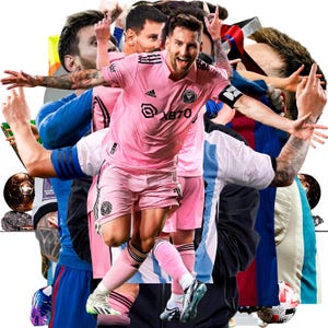 Peut inclure: Un collage d'images mettant en sc&egrave;ne un joueur de football portant un maillot rose &agrave; rayures noires et le texte "XBT0" sur le devant. Le joueur c&eacute;l&egrave;bre un but les bras lev&eacute;s. Le collage comprend &eacute;galement des images d'autres joueurs de football et d'un ballon de football.