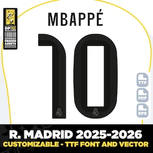 Real Madrid Guss, 2025-2026 Schriftart Trikot vektor, UCL, pdf, svg, ttf, Mbappe, Vinicius, Bellingham, digitale Schrift