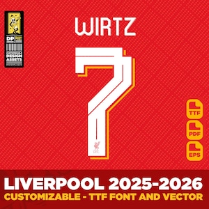 Liverpool FC 2025–26 Font – Premier League Typeface | TTF + EPS + Pdf | Editable Soccer Kit Letters & Numbers. Salah, Virgil, Wirtz