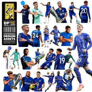 May include: A collage of 20 soccer players wearing blue and white jerseys. The players are holding soccer balls, trophies, and other sports equipment. The players are all smiling and looking happy. The background is white.
