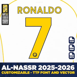 Al-Nassr jersey font 25-26 vector 2025 ttf, pdf, svg, Cristiano Ronaldo, CR7, Brozovic, Digital Typeface