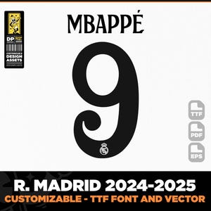 Real Madrid CF, font maglia vettoriale, UCL 24-25, pdf, svg, ttf, Mbappé, Vinicius, Bellingham, carattere digitale