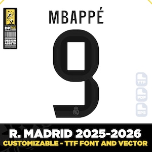 Real Madrid CF, vector de fuente de camiseta 2025-2026, UCL, PDF, SVG, TTF, Mbappé, Vinicius, Bellingham, tipografía digital