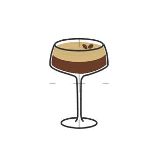 May include: A glass of espresso martini with coffee beans on top. The drink is in a tall, clear glass with a stem and a wide base.